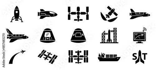 Collection of black space exploration icons featuring a rocket, shuttle, satellite, capsule, and orbital station in a flat glyph style for technology and science concepts