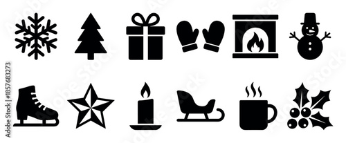 Set of black winter holiday icons featuring a snowflake, tree, gift, snowman, and sleigh in a minimalist graphic style for Christmas and New Year celebration design