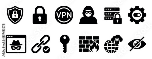 Set of black cybersecurity icons representing data protection, privacy, hacking, and internet safety concepts like VPN, firewall, padlock, and shield in a simple glyph style
