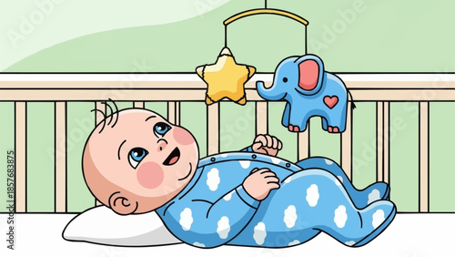 Baby in Blue Pajamas Gazing at Mobile Toys.