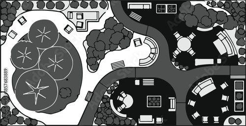Monochrome Overhead Landscape Master Plan Illustration for Urban Park or Garden Design