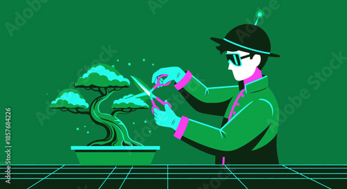 Futuristic Gardener Trims Bonsai Tree with Scissors, Neon Green and Cyan Tones