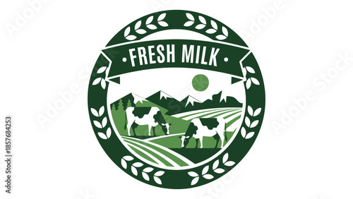 Fresh milk logo design with cows and nature landscape elements