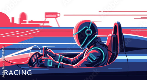 Futuristic Racer in Open-Top Car on Speeding Track, Neon Lights, Geometric Design