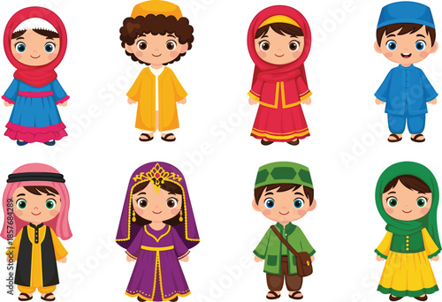Kids wearing traditional cultural clothing vector set featuring boys and girls in colorful ethnic costumes and outfits