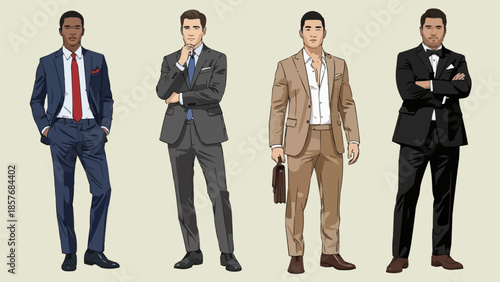 Diverse Men in Stylish Suits - A Fashionable Ensemble of Formal Attire.