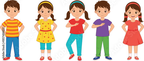 Cute kids character vector set showing boys and girls standing with confident poses and colorful casual outfits