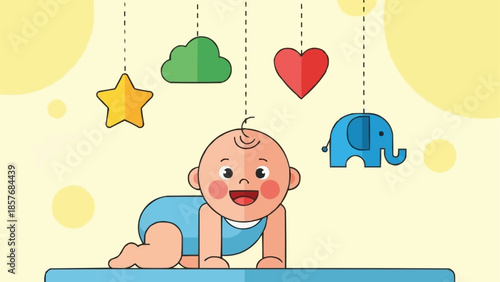 Adorable Baby Crawling Under Hanging Mobile Toys Illustration.