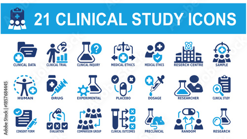 medical icons set contailing Human,Drug,placebo,evaluation,clinical study etc. solid icon vector illustration