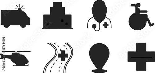 Set of Black Medical Emergency and Healthcare Silhouette Icons Vector Collection