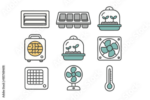 Gardening equipment icons on a dark background