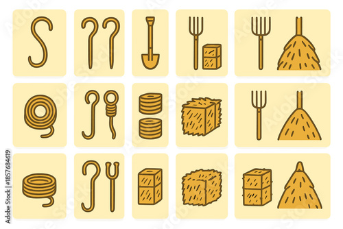 Farm Equipment and Hay Icons Set