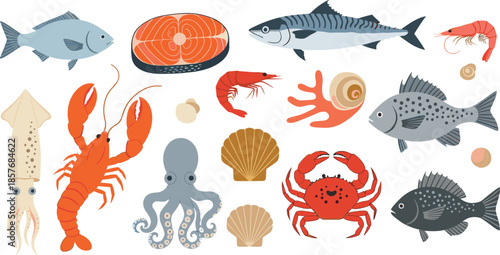 Seafood and marine animals vector set featuring fish, crab, lobster, shrimp, squid, octopus and shellfish illustrations