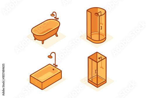 Four isometric bathroom fixtures with glowing outlines