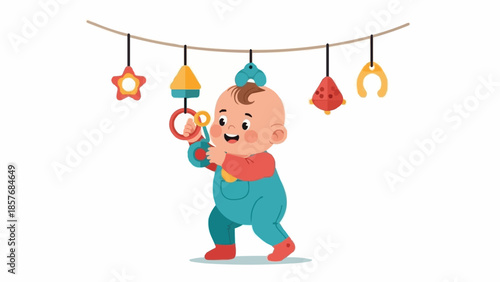Baby playing with hanging toys, standing and smiling.