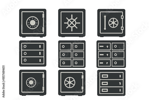Set of 9 stylized safe icons on a grey background