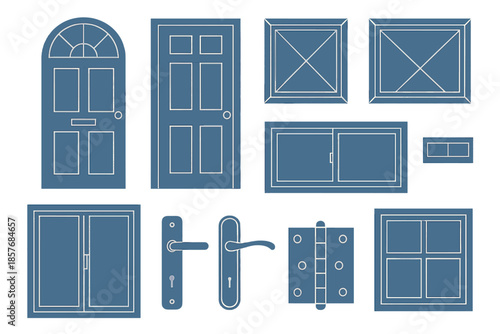 Collection of architectural elements including doors, windows, handles, and hinges