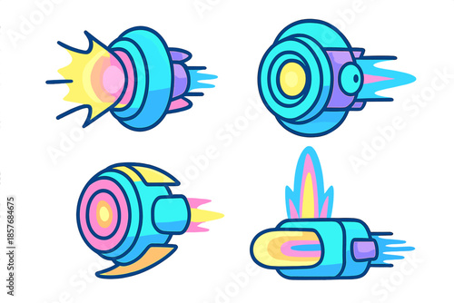 Retro futuristic spaceship icons with neon glow