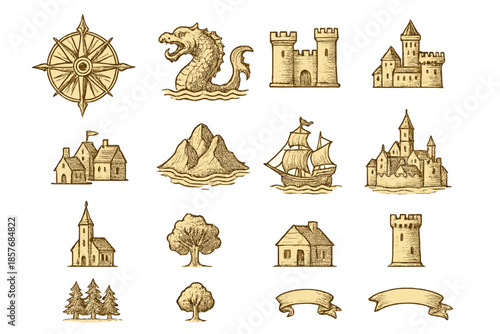 Fantasy map icons collection, vintage sketch style