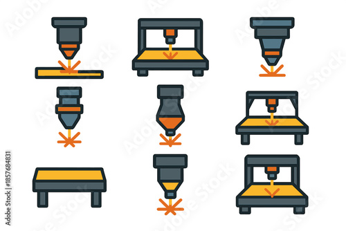 Set of CNC machine icons with laser cutting