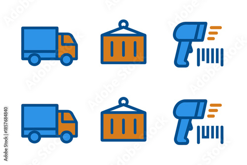 Logistics icons with trucks, containers, and barcode scanners