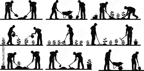 Set of gardening silhouettes, farmers working with shovel rake and watering can, planting trees and flowers, agriculture work team, cad drawing flat vector illustration