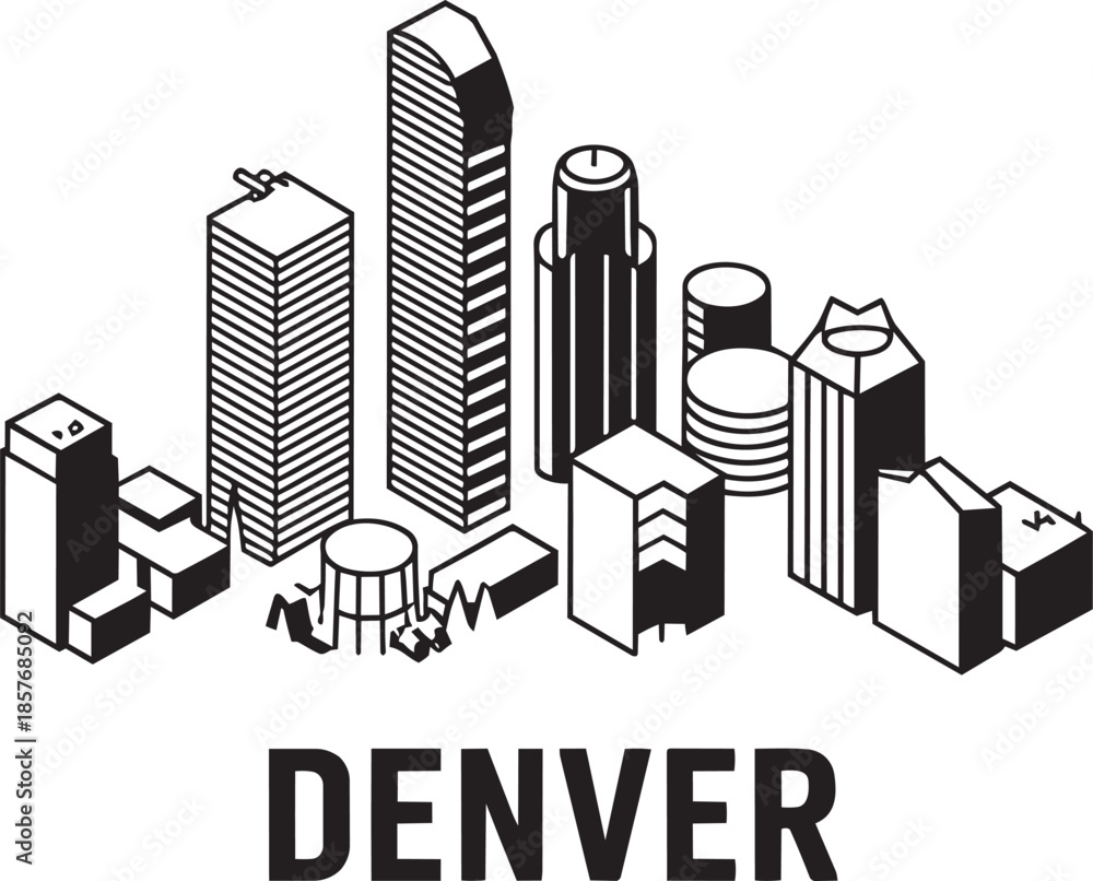 Obraz premium Denver cityscape modern buildings isometric black outline drawing on transparent background vector