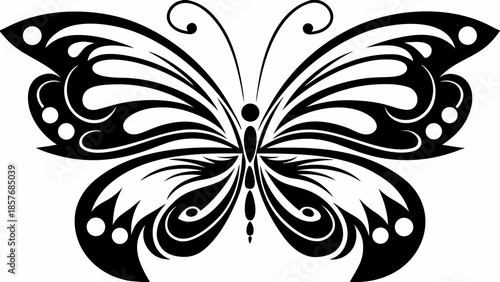 Elegant black butterfly design with swirling patterns and spots