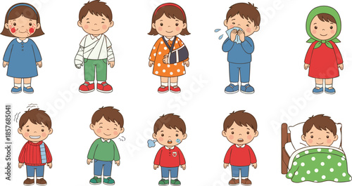 Children character vector set showing boys and girls with different emotions, outfits and daily life situations