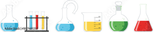 Laboratory glassware vector set featuring test tubes, flasks, beakers and chemical solutions for science and research concepts