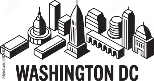 Isometric washington dc skyline icon with famous monuments and landmarks on transparent background