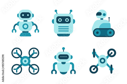 Various Robots and Drones in Blue Neon Glow