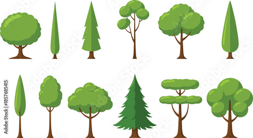Tree vector set featuring different forest and garden tree shapes including evergreen, deciduous and ornamental plants
