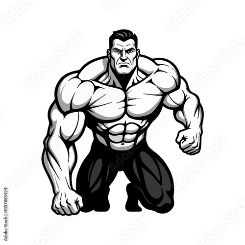 Black and white logo of a bodybuilder for a gym business or sports enthusiast community	
