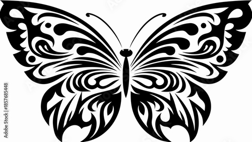 Intricate black butterfly design with swirling patterns