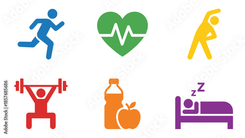 Healthy Lifestyle Icons Running Heart Health Stretching Weightlifting Nutrition Sleep Vector Graphics