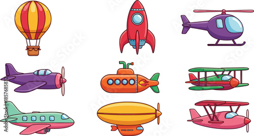 Cute Cartoon Air Transport Illustration Collection with Airplanes Helicopter Rocket Submarine and Hot Air Balloon Colorful Vector Set