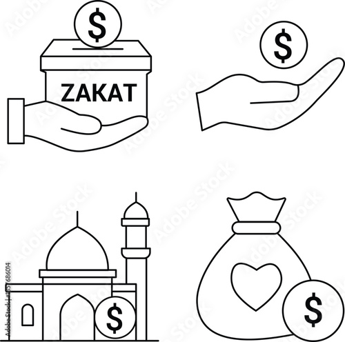 Zakat and Charity Line Art Icon Set Vector, Islamic Donation, Mosque and Money Outline Symbols