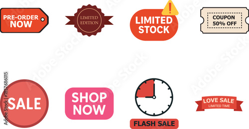 Sale and Promotion Badge Icon Set Vector Pre Order Limited Stock Coupon and Flash Sale Labels