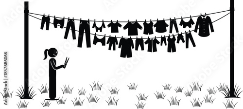Silhouette of woman hanging laundry on clothesline, drying wet clothes outdoors in garden, household chores, cad drawing flat vector illustration