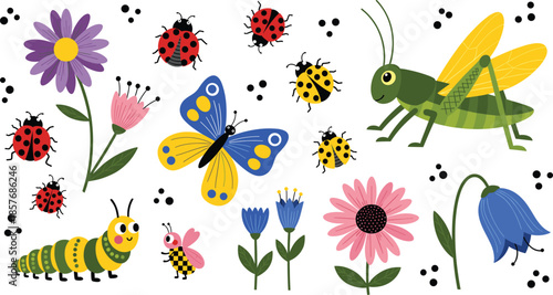 Cute Garden Insects and Flowers Illustration Collection with Butterfly Ladybug Grasshopper and Blooming Plants Cartoon Vector Set