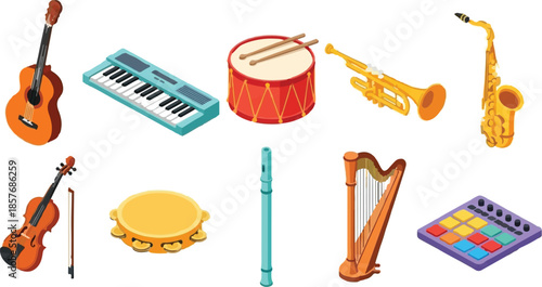 Isometric Collection of Musical Instruments Set Isolated on White Background Vector Illustration