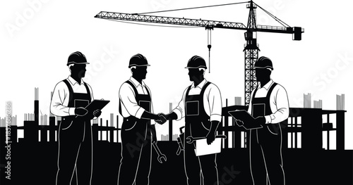 Construction workers silhouette shaking hands at building site with crane, engineers holding blueprints and tools, industrial flat vector illustration.