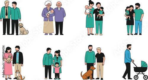 Family people illustration set showing couples, parents with children, grandparents, babies, and pets in modern flat style