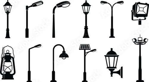 Collection of black silhouettes of various streetlights and lanterns streetlight silhouette lantern silhouette