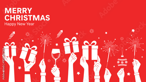 Merry Christmas and Happy New Year celebration with gifts and fireworks
