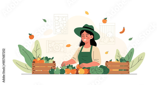 Happy Woman Farmer Selling Fresh Organic Fruits and Vegetables at Local Market