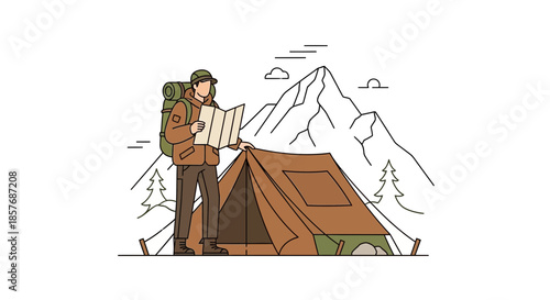 Hiker with backpack and map at campsite with tent and mountain background