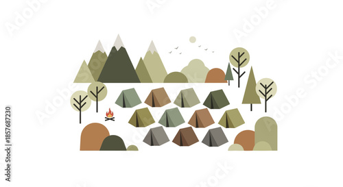 Illustration of a mountain campsite with multiple tents and a campfire
