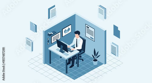 Isometric Office Workspace: Man Working on Computer, Documents Floating, Business Concept
